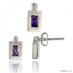 Sterling Silver Matte-finish Rectangular Earrings (9mm tall) & Pendant (11mm tall) Set, w/ Emerald Cut Amethyst-colored CZ