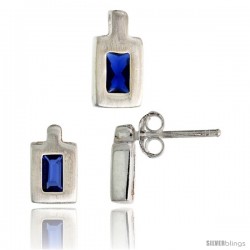 Sterling Silver Matte-finish Rectangular Earrings (9mm tall) & Pendant (11mm tall) Set, w/ Emerald Cut Blue Sapphire-colored CZ