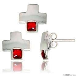 Sterling Silver Matte-finish Greek Cross Earrings (10mm tall) & Pendant Slide (10mm tall) Set, w/ Princess Cut Ruby-colored CZ