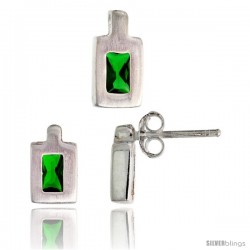 Sterling Silver Matte-finish Rectangular Earrings (9mm tall) & Pendant (11mm tall) Set, w/ Emerald Cut Emerald-colored CZ Stones