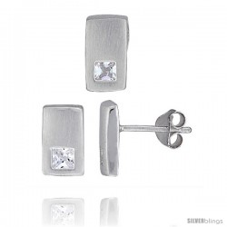 Sterling Silver Matte-finish Rectangular Earrings (10mm tall) & Pendant Slide (10mm tall) Set, w/ Princess Cut CZ Stones