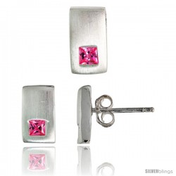 Sterling Silver Matte-finish Rectangular Earrings (10mm tall) & Pendant Slide (10mm tall) Set, w/ Princess Cut Pink