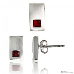 Sterling Silver Matte-finish Rectangular Earrings (10mm tall) & Pendant Slide (10mm tall) Set, w/ Princess Cut Ruby-colored CZ