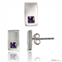 Sterling Silver Matte-finish Rectangular Earrings (10mm tall) & Pendant Slide (10mm tall) Set, w/ Princess Cut Amethyst-colored