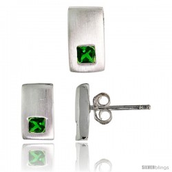 Sterling Silver Matte-finish Rectangular Earrings (10mm tall) & Pendant Slide (10mm tall) Set, w/ Princess Cut Emerald-colored