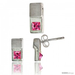 Sterling Silver Matte-finish Fancy Earrings (10mm tall) & Pendant Slide (12mm tall) Set, w/ Princess Cut Pink