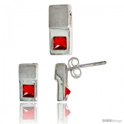 Sterling Silver Matte-finish Fancy Earrings (10mm tall) & Pendant Slide (12mm tall) Set, w/ Princess Cut Ruby-colored CZ Stones