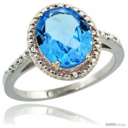 Sterling Silver Diamond Natural Swiss Blue Topaz Ring 2.4 ct Oval Stone 10x8 mm, 1/2 in wide -Style Cwg04111