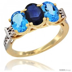 10K Yellow Gold Natural Blue Sapphire & Swiss Blue Topaz Sides Ring 3-Stone Oval 7x5 mm Diamond Accent