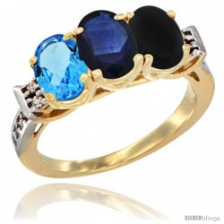 10K Yellow Gold Natural Swiss Blue Topaz, Blue Sapphire & Black Onyx Ring 3-Stone Oval 7x5 mm Diamond Accent