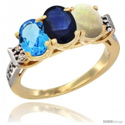 10K Yellow Gold Natural Swiss Blue Topaz, Blue Sapphire & Opal Ring 3-Stone Oval 7x5 mm Diamond Accent