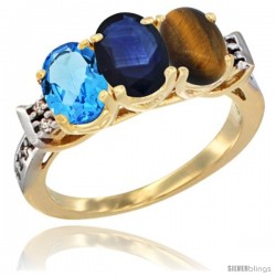 10K Yellow Gold Natural Swiss Blue Topaz, Blue Sapphire & Tiger Eye Ring 3-Stone Oval 7x5 mm Diamond Accent