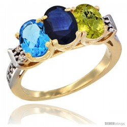 10K Yellow Gold Natural Swiss Blue Topaz, Blue Sapphire & Lemon Quartz Ring 3-Stone Oval 7x5 mm Diamond Accent