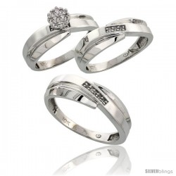 10k White Gold Diamond Trio Engagement Wedding Ring 3-piece Set for Him & Her 7 mm & 6 mm wide 0.10 cttw Brilliant Cut