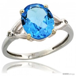 Sterling Silver Diamond Natural Swiss Blue Topaz Ring 2.4 ct Oval Stone 10x8 mm, 3/8 in wide