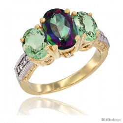 14K Yellow Gold Ladies 3-Stone Oval Natural Mystic Topaz Ring with Green Amethyst Sides Diamond Accent