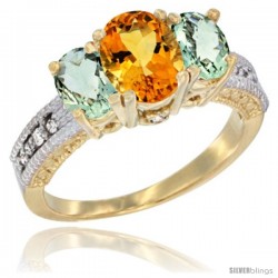 14k Yellow Gold Ladies Oval Natural Citrine 3-Stone Ring with Green Amethyst Sides Diamond Accent