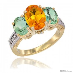 14K Yellow Gold Ladies 3-Stone Oval Natural Citrine Ring with Green Amethyst Sides Diamond Accent