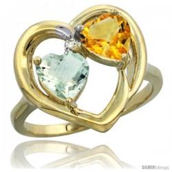 14k Yellow Gold 2-Stone Heart Ring 6mm Natural Green Amethyst & Citrine Diamond Accent, Diamond Accent