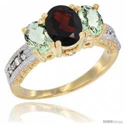 14k Yellow Gold Ladies Oval Natural Garnet 3-Stone Ring with Green Amethyst Sides Diamond Accent