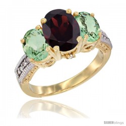 14K Yellow Gold Ladies 3-Stone Oval Natural Garnet Ring with Green Amethyst Sides Diamond Accent