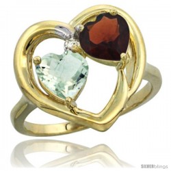 14k Yellow Gold 2-Stone Heart Ring 6mm Natural Green Amethyst & Garnet Diamond Accent, Diamond Accent