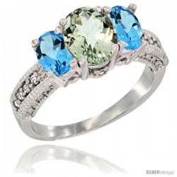 14k White Gold Ladies Oval Natural Green Amethyst 3-Stone Ring with Swiss Blue Topaz Sides Diamond Accent