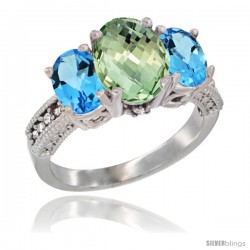 14K White Gold Ladies 3-Stone Oval Natural Green Amethyst Ring with Swiss Blue Topaz Sides Diamond Accent