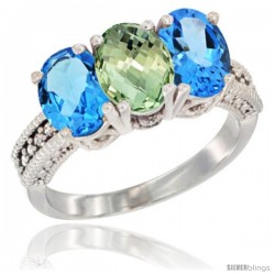 14K White Gold Natural Green Amethyst & Swiss Blue Topaz Sides Ring 3-Stone 7x5 mm Oval Diamond Accent