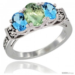 14K White Gold Natural Green Amethyst & Swiss Blue Topaz Ring 3-Stone Oval with Diamond Accent