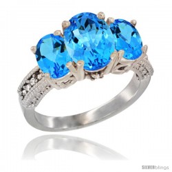 14K White Gold Ladies 3-Stone Oval Natural Swiss Blue Topaz Ring Diamond Accent