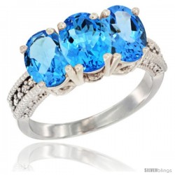 14K White Gold Natural Swiss Blue Topaz Ring 3-Stone 7x5 mm Oval Diamond Accent