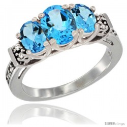 14K White Gold Natural Swiss Blue Topaz Ring 3-Stone Oval with Diamond Accent