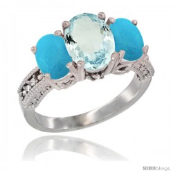 10K White Gold Ladies Natural Aquamarine Oval 3 Stone Ring with Turquoise Sides Diamond Accent