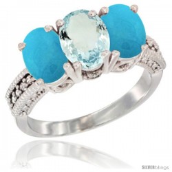 10K White Gold Natural Aquamarine & Turquoise Ring 3-Stone Oval 7x5 mm Diamond Accent