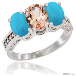 10K White Gold Natural Morganite & Turquoise Ring 3-Stone Oval 7x5 mm Diamond Accent