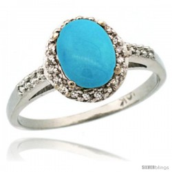 10k White Gold Diamond Sleeping Beauty Turquoise Ring Oval Stone 8x6 mm 1.17 ct 3/8 in wide