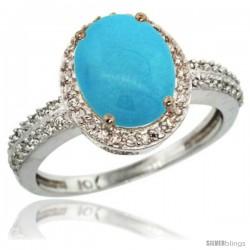 10k White Gold Diamond Sleeping Beauty Turquoise Ring Oval Stone 10x8 mm 2.4 ct 1/2 in wide