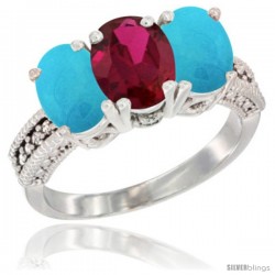 10K White Gold Natural Ruby & Turquoise Ring 3-Stone Oval 7x5 mm Diamond Accent