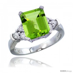 14k White Gold Ladies Natural Peridot Ring Emerald-shape 9x7 Stone Diamond Accent