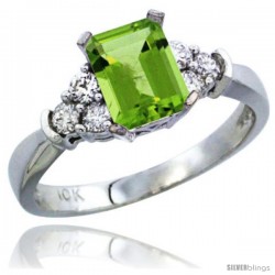 14k White Gold Ladies Natural Peridot Ring Emerald-shape 7x5 Stone Diamond Accent