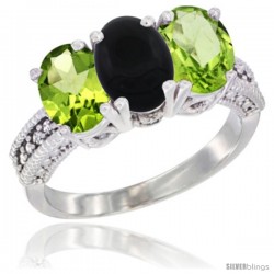 14K White Gold Natural Black Onyx & Peridot Sides Ring 3-Stone Oval 7x5 mm Diamond Accent