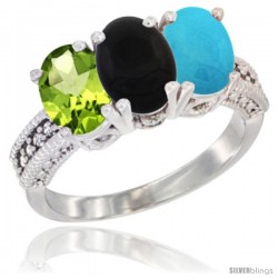 14K White Gold Natural Peridot, Black Onyx & Turquoise Ring 3-Stone Oval 7x5 mm Diamond Accent