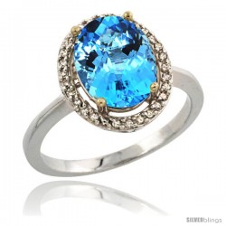 Sterling Silver Diamond Natural Swiss Blue Topaz Ring 2.4 ct Oval Stone 10x8 mm, 1/2 in wide -Style Cwg04114