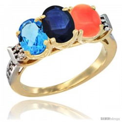 10K Yellow Gold Natural Swiss Blue Topaz, Blue Sapphire & Coral Ring 3-Stone Oval 7x5 mm Diamond Accent