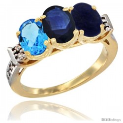 10K Yellow Gold Natural Swiss Blue Topaz, Blue Sapphire & Lapis Ring 3-Stone Oval 7x5 mm Diamond Accent