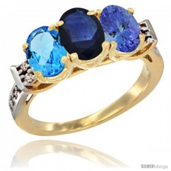 10K Yellow Gold Natural Swiss Blue Topaz, Blue Sapphire & Tanzanite Ring 3-Stone Oval 7x5 mm Diamond Accent