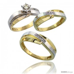 10k Yellow Gold Diamond Trio Wedding Ring Set His 7mm & Hers 6mm