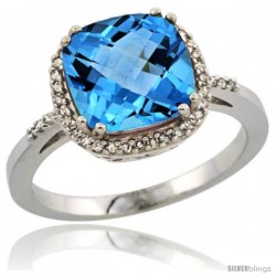 Sterling Silver Diamond Natural Swiss Blue Topaz Ring 3.05 ct Cushion Cut 9x9 mm, 1/2 in wide