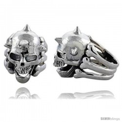 Sterling Silver Gothic Biker Skull Ring w/ Horns, 1 1/4 in wide